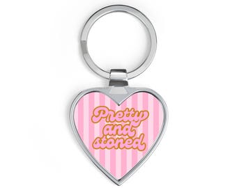Pretty and Stoned Heart Keychain | Pink Stripes, Retro Script