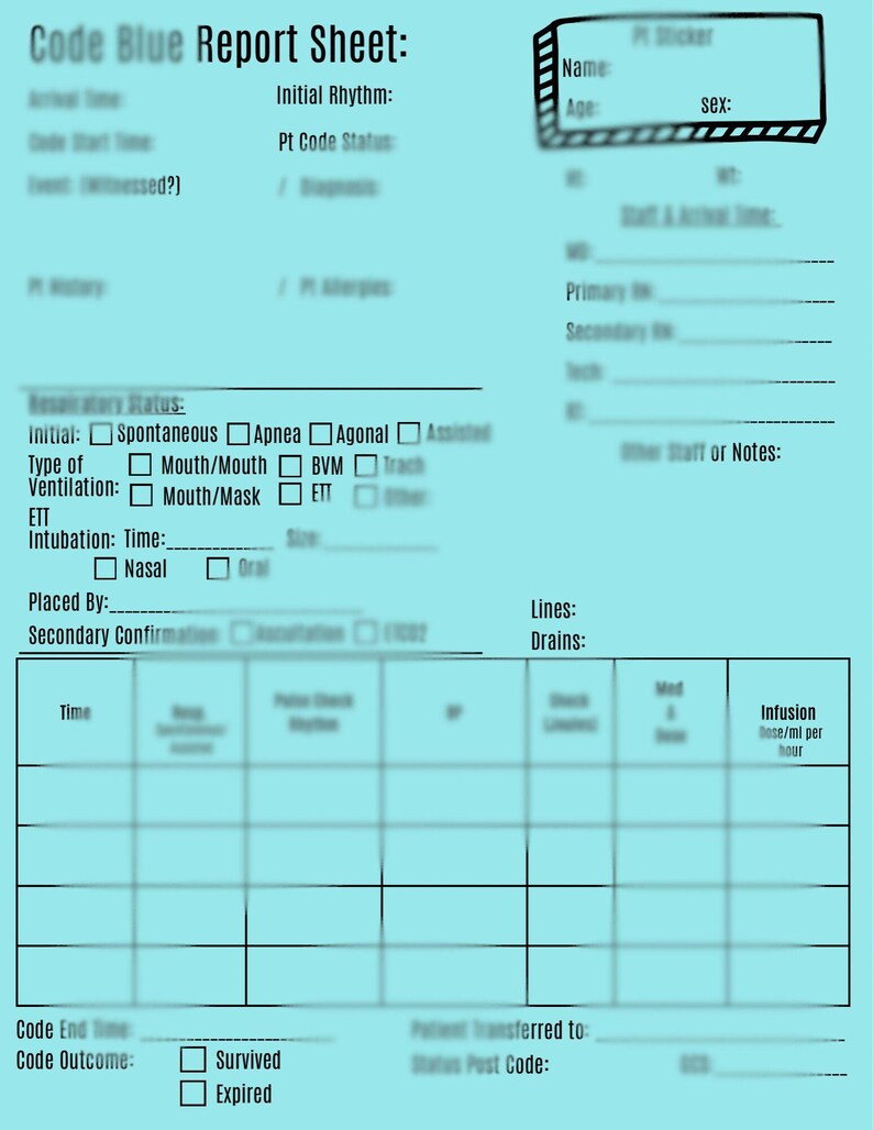 Report Code Done Code Blue Report Sheet for Nurses (printable PDF) | Nursing Report Code ...
