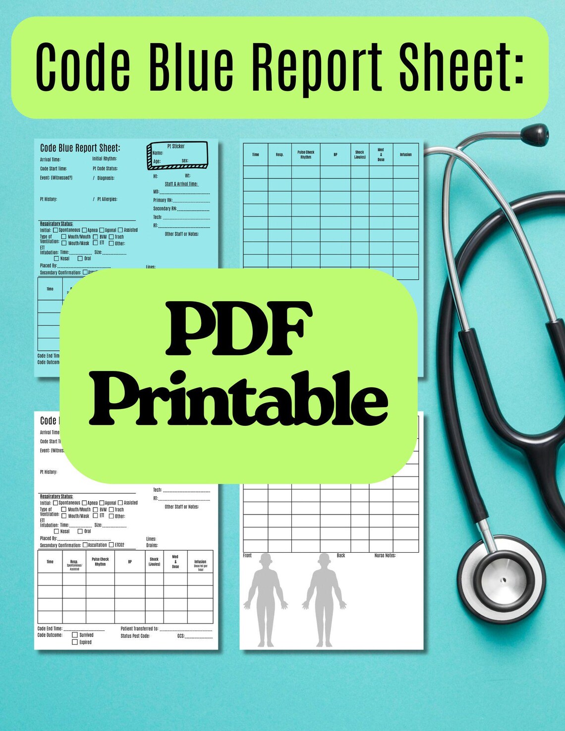 Code Rrt Note Code Blue Report Sheet for Nurses (printable PDF) | Nursing Report Code ...