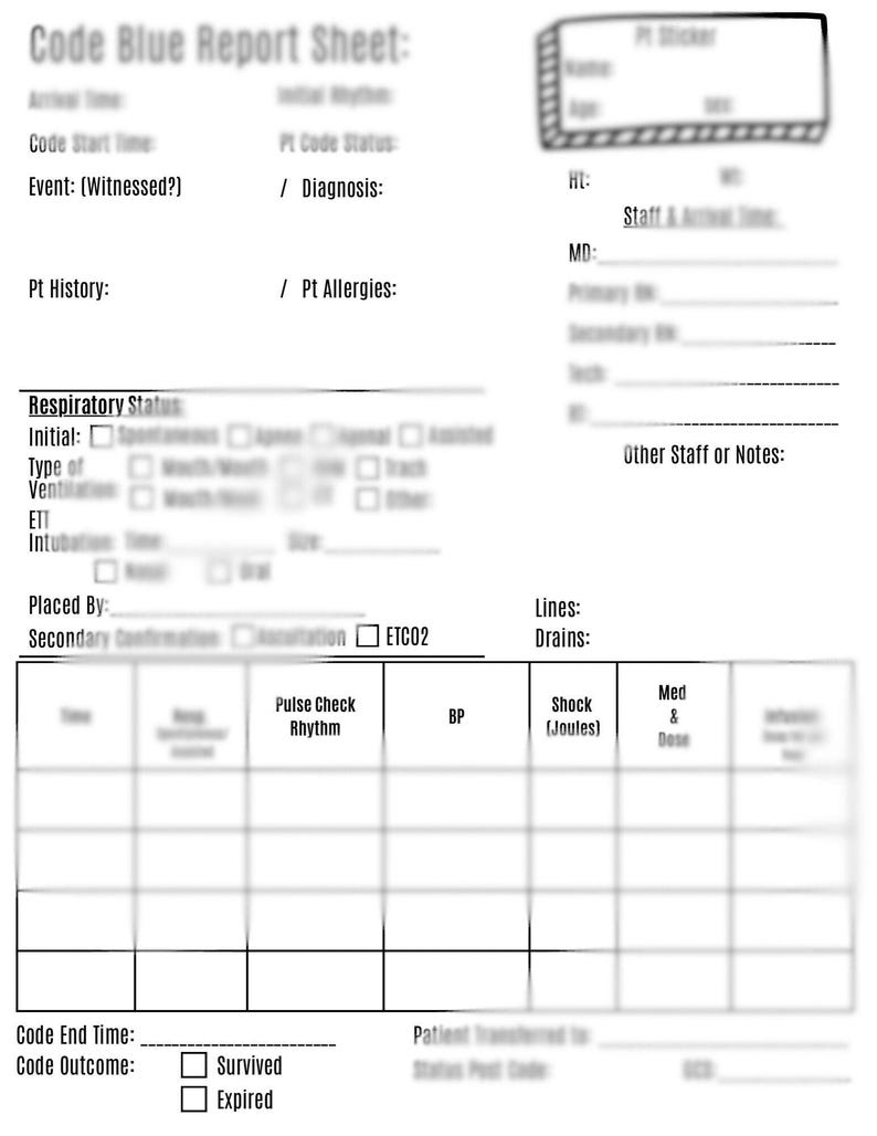 Code Blue Or Rrt Code Blue Report Sheet for Nurses (printable PDF) | Nursing Report Code ...