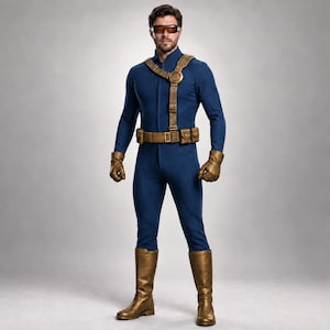 Pode incluir: Um macacão azul de manga comprida combinado com acessórios dourados metálicos, incluindo um cinto utilitário, uma alça de ombro com fivela circular, luvas a condizer e botas até ao joelho. Óculos escuros tipo viseira completam o visual.