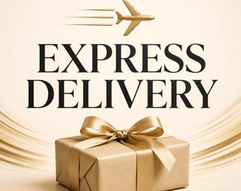 May include: A rectangular gift box wrapped in tan paper with a metallic gold ribbon bow on top. Above the box, a gold airplane icon with motion lines is displayed. The text EXPRESS DELIVERY is printed in large black capital letters in the center.
