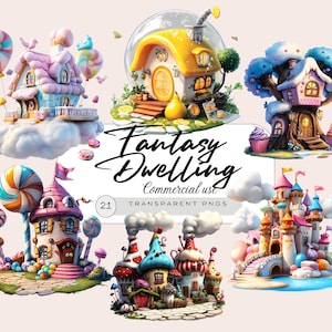 Op de afbeelding: Een verzameling grillige fantasie woningen in aquarel stijl. De afbeelding toont verschillende kleurrijke huizen, kastelen en boomhutten, met snoep- en wolkenaccenten. Tekst luidt "Fantasy Dwelling, Commercial use, Transparent PNGs".