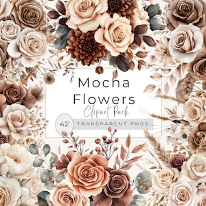 Puede incluir: Un paquete de arte digital con flores de color moca en acuarela, incluyendo rosas y dalias. La imagen muestra una variedad de arreglos florales con una paleta de colores neutros. El texto en la imagen dice "Mocha Flowers Clipart Pack" y "42 Transparent PNGs."