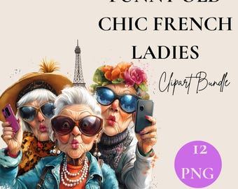 Funny Old Lady Clipart: Chic French Ladies PNG Graphics (Digital Download)