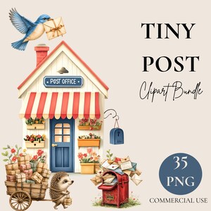 Pode incluir: Uma ilustração digital de uma agência dos correios com toldos listrados de vermelho e branco, uma porta azul e floreiras. Um pássaro azul carrega um envelope, um ouriço puxa um carrinho de madeira com pacotes e uma caixa de correio vermelha.