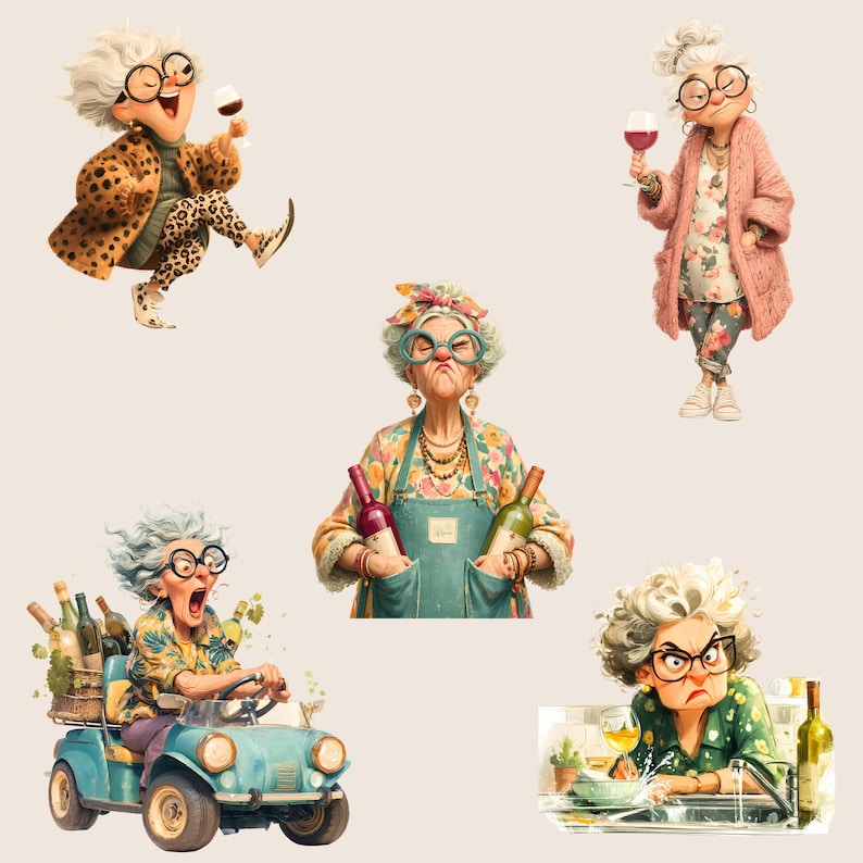 Sassy Wine Grandma Clipart | Funny Old Lady PNG Bundle | Quirky Senior ...