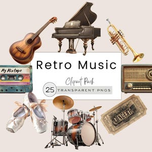 Retro Music Clipart PNG, Vintage Music Instruments Clipart, Guitar Piano Radio Cassette PNG, Music Bundle, Musical Elements Clipart
