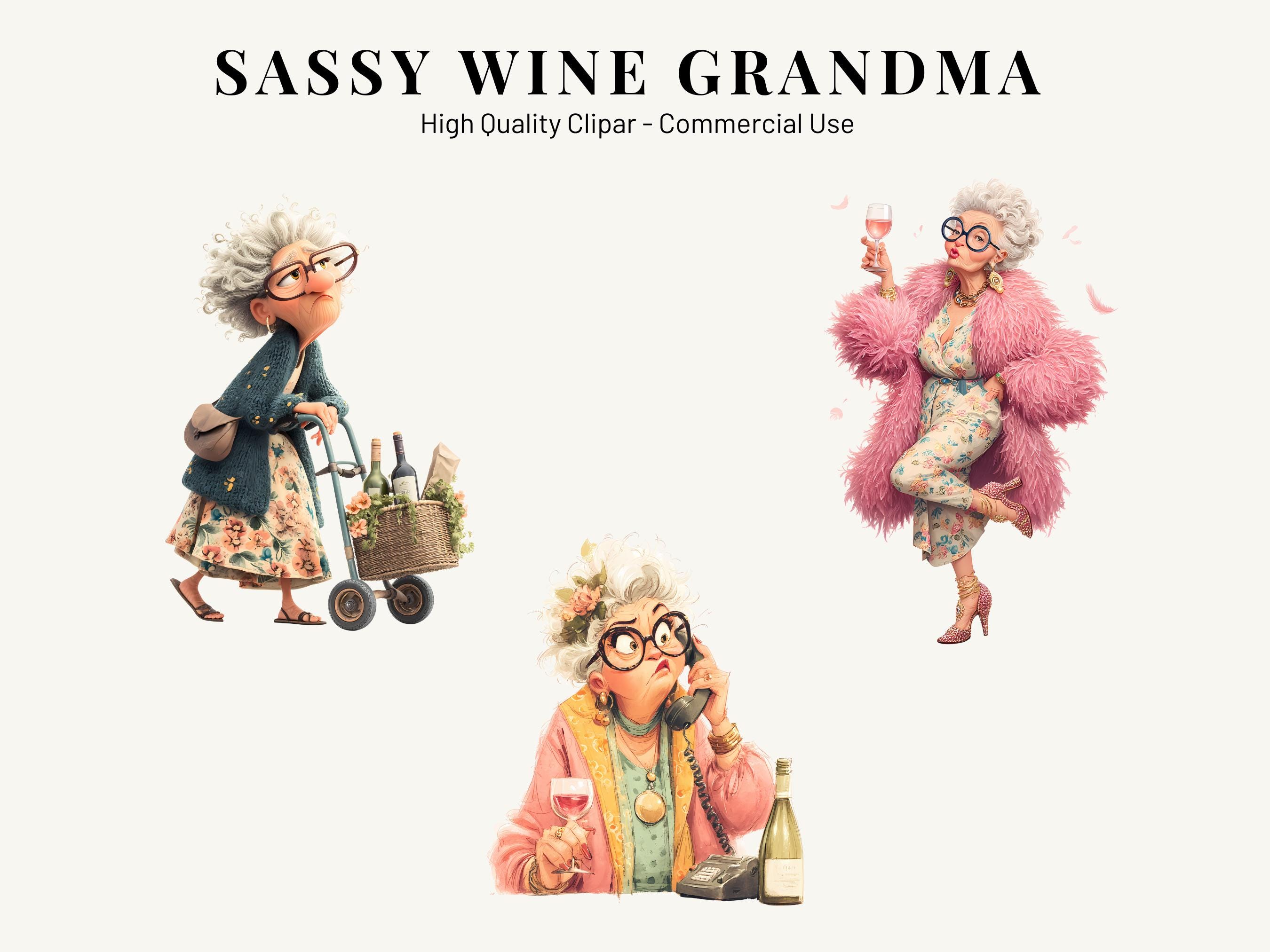 Sassy Wine Grandma Clipart | Funny Old Lady PNG Bundle | Quirky Senior ...