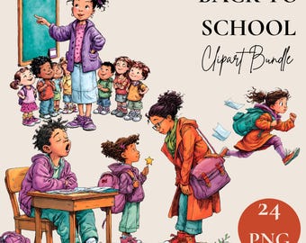 Back To School Clipart, Diverse Teacher And Kids PNG, Classroom Illustration Set, Labels And Decor Graphics, Commercial Use