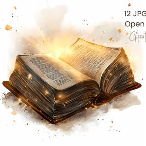 May include: An open Bible with aged pages, radiating a bright light from within. The book is bound in a dark brown cover, with the text "12 JPG Files Open Bible Clipart Pack" displayed above. The image has a watercolor effect.