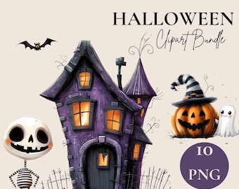 Op de afbeelding: Een digitaal Halloween clipart-pakket met een paars spookhuis, een skelet, een pompoen met een gestreepte hoed, een geest en een vleermuis. De tekst luidt ELEGANT HALLOWEEN Clipart Bundle, 10 PNG en COMMERCIAL USE op een lichte achtergrond.