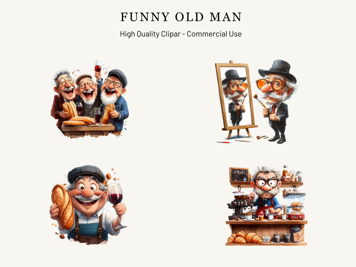 Funny Old Men Clipart Pack | Whimsical Grandpa Characters | Sarcastic ...