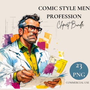 Pode incluir: Ilustração em estilo de banda desenhada de um homem de bata branca, camisa amarela e gola verde, a escrever em papel. A imagem inclui o texto "COMIC STYLE MEN PROFESSION Clipart Bundle" e "23 PNG COMMERCIAL USE".