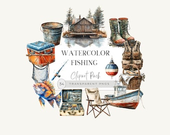 Watercolor Fishing Clipart Bundle, Fishing Rod Clipart, Fishing Illustrations, Transparent PNG Graphics, Commercial Use