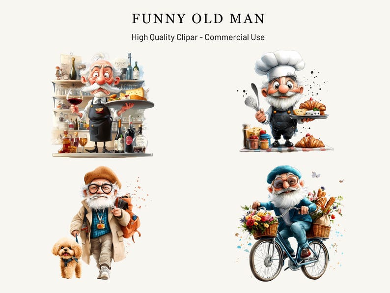 Funny Old Men Clipart Pack | Whimsical Grandpa Characters | Sarcastic ...