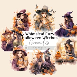 May include: Watercolor illustrations of whimsical witches in various poses, wearing hats and surrounded by autumn elements like pumpkins and leaves. The text reads "Whimsical Cozy Halloween Witches Commercial use".