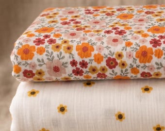 Tissu en mousseline de soie naturelle 100 % coton double gaze, tissu par demi-mètre, gaze de coton froissé, imprimés floraux, emmaillotage de bébé, vêtements