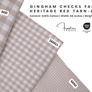 May include: Gingham checks fabric in heritage red, yarn-dyed 100% cotton. Text reads: GINGHAM CHECKS FABRIC HERITAGE RED YARN-DYED, Content: 100% Cotton | Width: 58 inches | Weight: 110 GSM. Labels indicate mid, small, and mini check sizes.