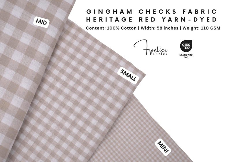 May include: Gingham checks fabric in heritage red, yarn-dyed 100% cotton. Text reads: GINGHAM CHECKS FABRIC HERITAGE RED YARN-DYED, Content: 100% Cotton | Width: 58 inches | Weight: 110 GSM. Labels indicate mid, small, and mini check sizes.