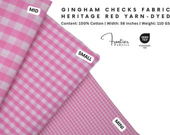 Gingham Checks Fabric, 100% Cotton, Peony Pink Yarn-Dyed Soft Breathable, Quilting Fabric, baby blankets, clothing, HomeDécor BY HALF YARD