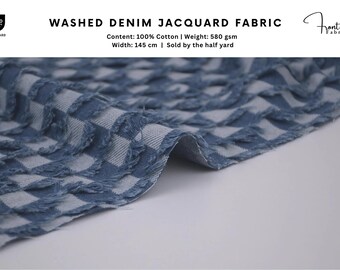 Tvättad denimjacquardtyg, indigofärgade stegfransrutor, bomullsdenim, blått denimtyg, jacquarddenimtyg, jeans, halvmeter