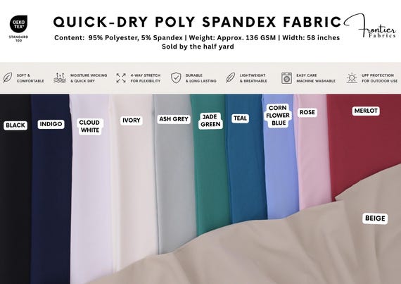 Quick-Dry Poly Spandex Fabric, Activewear, Polyester Stretch, Dry Fit fabric, Stretchy, Gym wear fabric, Moisture Wicking, By Half Yard