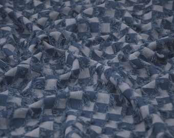 Indigo carreaux effilochés, tissu jacquard denim délavé, denim de coton, tissu denim bleu, tissu denim jacquard, jeans, mètre carré