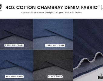 Denim chambray 4 oz, chemise légère 100 % coton, tissu pour habillement, tissu denim, denim léger, jean PAR DEMI-YARD