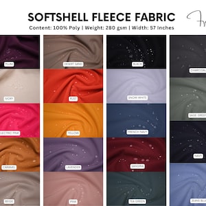 May include: A fabric swatch display of Softshell Fleece Fabric in various colors, including Plum, Desert Sand, Black, and Charcoal. The fabric is 57 inches wide and made of 100% Poly, with a weight of 280 gsm. Additional colors include Ivory, Rust, Snow White, Electric Pink, Yellow, French Navy, Sage Green, Navy, Caramel, Lavender, Sangria, Beige, Pink, Tea Green, and Jeans Blue.