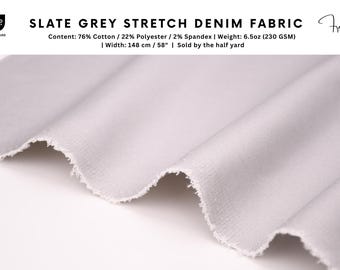 Slate Grey Stretch Denim Fabric 6.5oz Cotton Spandex, Lightweight Soft Denim for Jeans, Dresses, Shirts, Sewing Fabric, By Half Yard