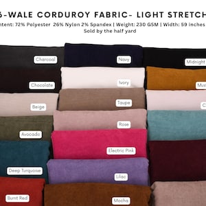 May include: A collection of 16-wale corduroy fabric swatches in various colours including charcoal, navy, midnight black, chocolate, ivory, mustard, beige, taupe, cream, avocado, rose, aqua, deep turquoise, electric pink, lilac, burgundy, burnt red, mocha, and almond.