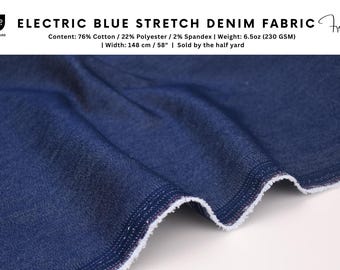 Elektriskt blått stretchigt denimtyg, lätt 6,5 oz, denimtyg, färgad denim, färgad denim, blå denim, denim spandex, per halv meter