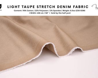 Light Taupe Stretch Denim Fabric, Everyday Denim, 6.5oz, Denim Fabric, Dyed Denim, Colored Denim, Denim Spandex, Jeans Fabric, By Half Yard