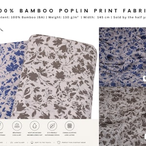 100% Bamboo Poplin, Viscose,Moonlight Petals, Dressmaking Fabric, Natural Bamboo, Viscose fabric, Soft Drape , Sleepwear, By Half Yard,