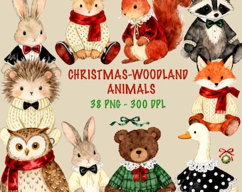 Christmas woodland animals clipart: 38 Cozy Holiday Wildlife Bundle PNGs (Instant Download)