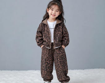 Girls Leopard Print Hoodie & Jogger Set Kids Winter Outfit