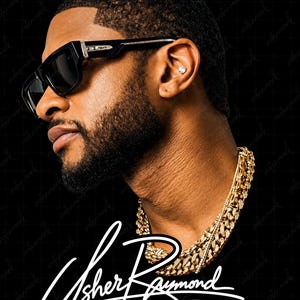 May include: A profile view of a person with a short haircut and a beard, wearing black rectangular sunglasses with silver accents and a thick gold chain necklace. A small stud earring is visible in the ear. The text Usher Raymond is written.