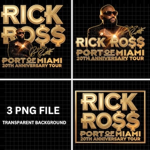 Puede incluir: Gráfico negro con texto dorado y foto de Rick Ross. El texto dice "RICK ROSS PORT OF MIAMI 20TH ANNIVERSARY TOUR." La imagen también incluye el texto "3 PNG FILE TRANSPARENT BACKGROUND."