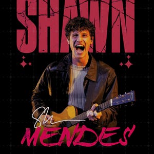 Könnte beinhalten: Bild von Shawn Mendes mit Gitarre, vor schwarzem Hintergrund. Der Name "SHAWN" steht in großen, roten Buchstaben oben, mit "MENDES" in ähnlichem Stil unten. Seine Unterschrift ist sichtbar.