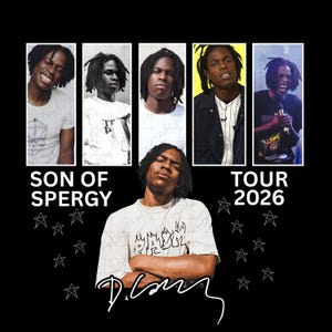 May include: Black graphic tee with the text "SON OF SPERGY" and "TOUR 2026". The design features five images of a person with dreadlocks, along with star graphics and a signature. The background is black.