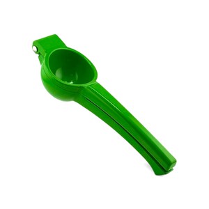 May include: A bright green citrus juicer, designed for squeezing lemons and limes. The tool features a round bowl for holding the fruit and a long handle for leverage. The juicer is made of a solid, durable material.