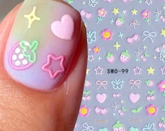 Jelly Pastel Nail Stickers | 3D Bow, Strawberry & Heart Nail Art | Cute Kawaii Nail Decals | Japanese Korean Nails