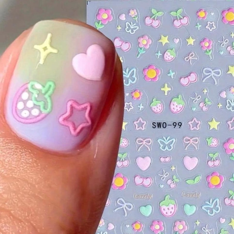 Jelly Pastel Nail Stickers | 3D Bow, Strawberry & Heart Nail Art | Cute Kawaii Nail Decals | Japanese Korean Nails Bild 1