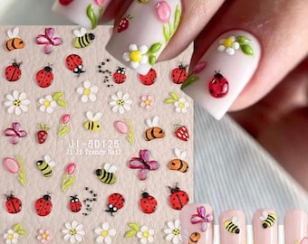 3D Nail Stickers- Flower Nail Art Decals- Cute Bees and Ladybirds- Kawaii Nail Accessories