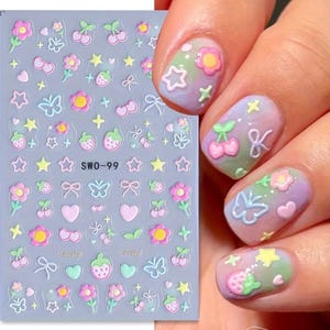 Jelly Pastel Nail Stickers | 3D Bow, Strawberry & Heart Nail Art | Cute Kawaii Nail Decals | Japanese Korean Nails Bild 5