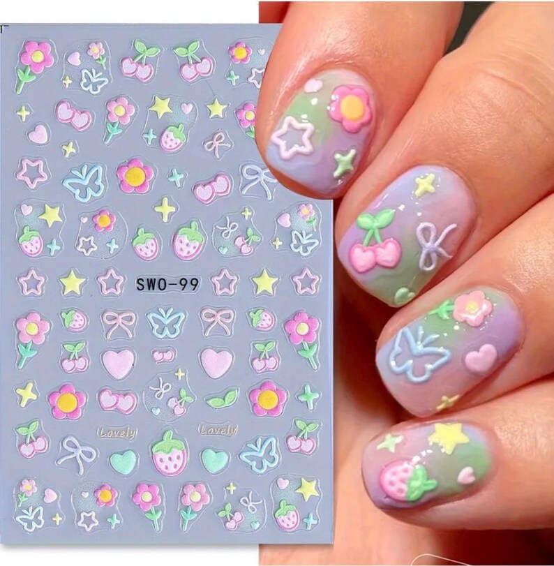 Jelly Pastel Nail Stickers | 3D Bow, Strawberry & Heart Nail Art | Cute Kawaii Nail Decals | Japanese Korean Nails Bild 5