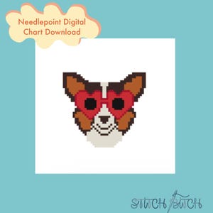 May include: A digital needlepoint chart download featuring a pixelated dog wearing heart-shaped sunglasses. The dog has brown and white fur with red glasses. The text "Needlepoint Digital Chart Download" is in a cloud-shaped banner.
