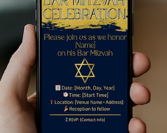May include: A smartphone displays a Bar Mitzvah invitation. The design features gold text on a navy blue background. The invitation includes details for the event, such as the date, time, location, and RSVP information. A Star of David is prominently displayed.