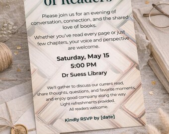 Book Club Invitation | A Gathering of Readers | Literary Book Club Invite | Editable Digital Download